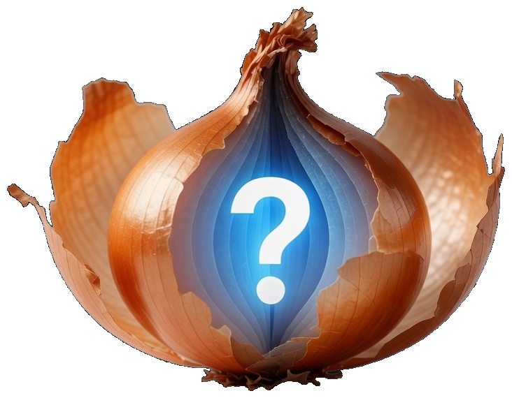 Peeled onion with a question mark at its center